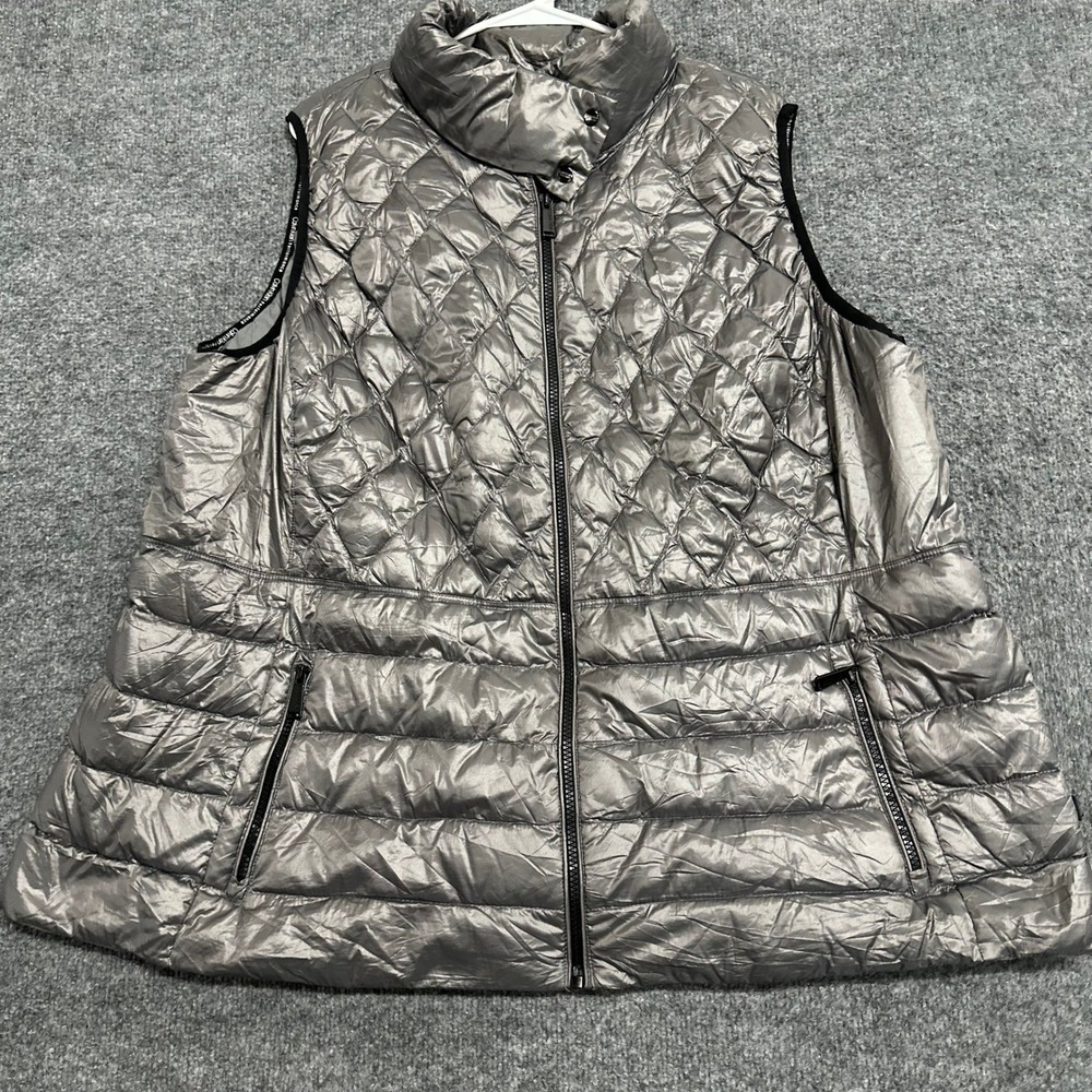 Calvin Klein Vest Womens Size 3X Silver Metallic Premium Down Puffer Pockets